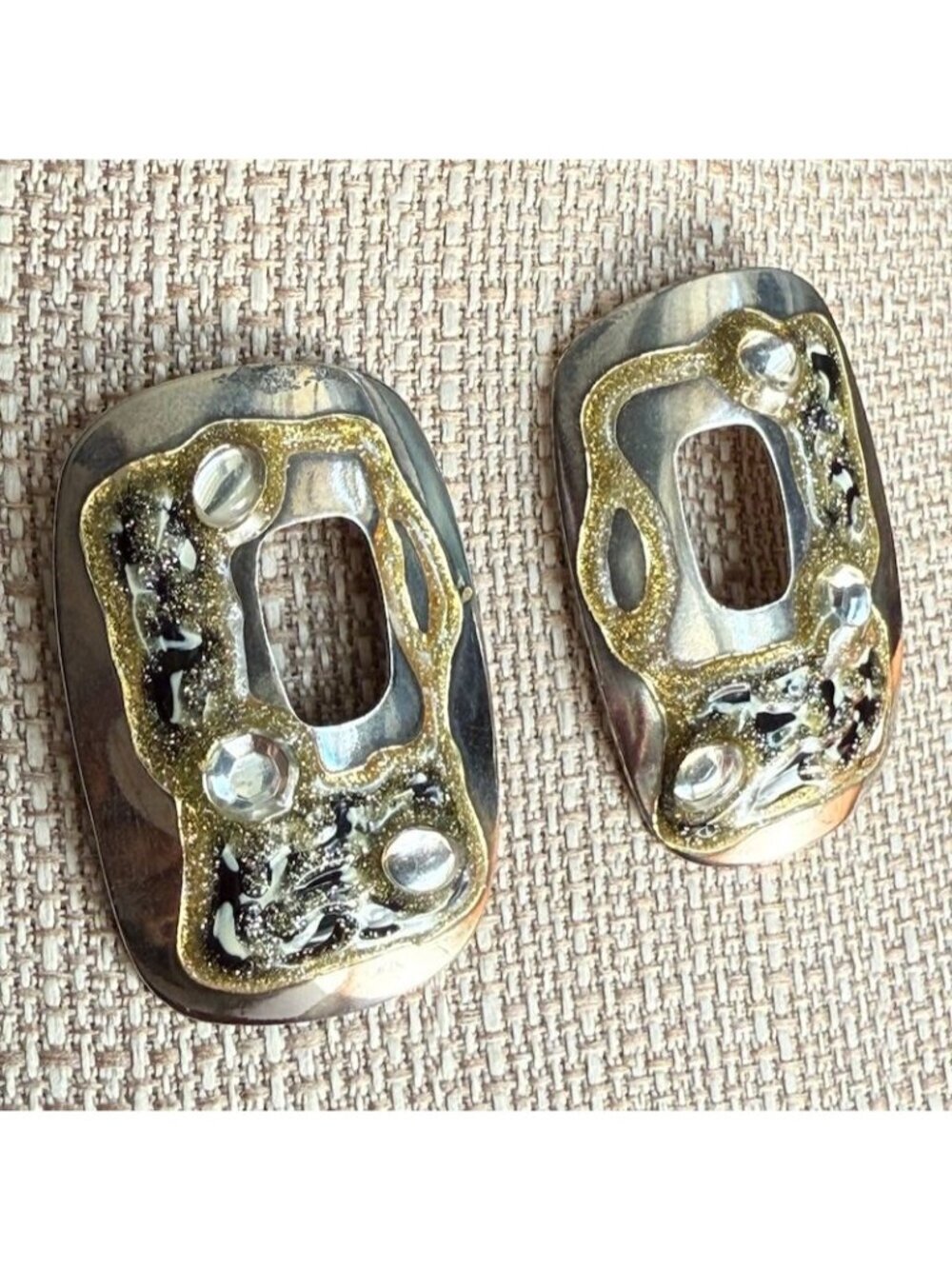 Vtg 90s La Rage Modernist Mixed Materials Earrings Textured Metal Pierced Gold G